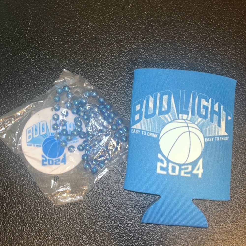 Bud Light koozie and necklace